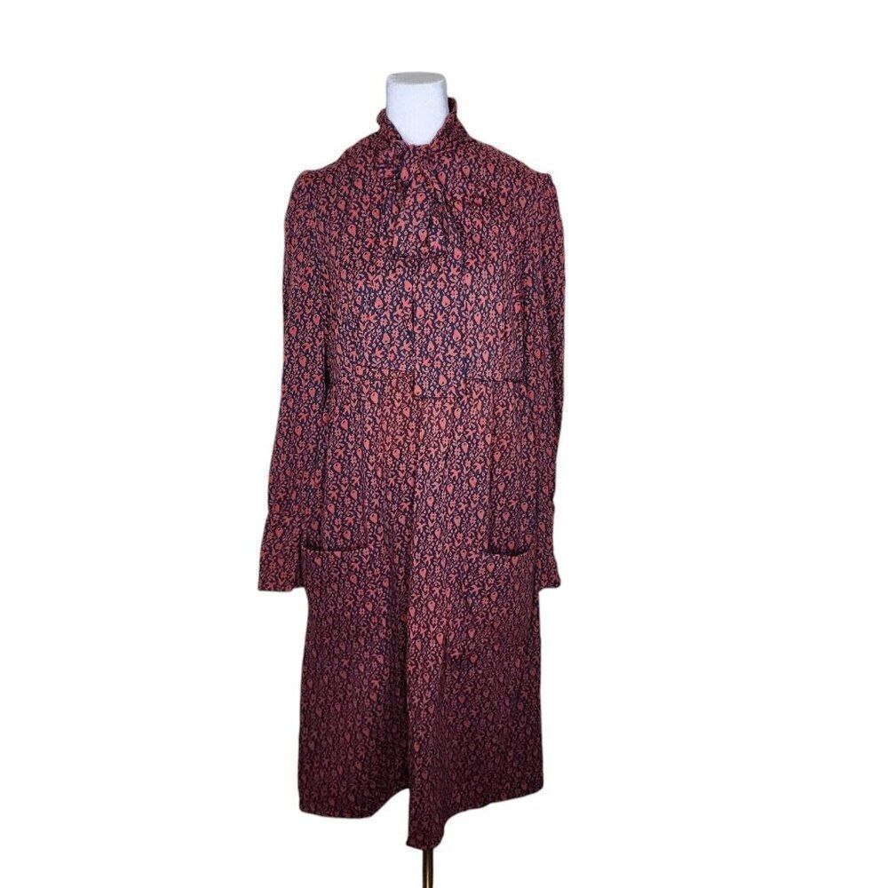Vintage 70s Pussy Bow Secretary Shift Dress Womens Size XL Red Navy Blue Floral